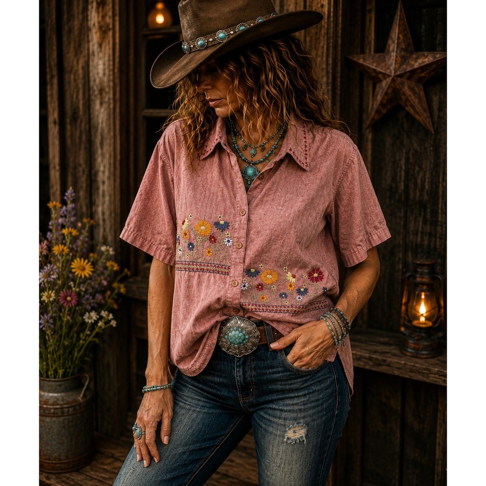 Vintage Bobbie Brooks Wildflower Outlaw Embroidered Cotton Prairie Boho Shirt XL